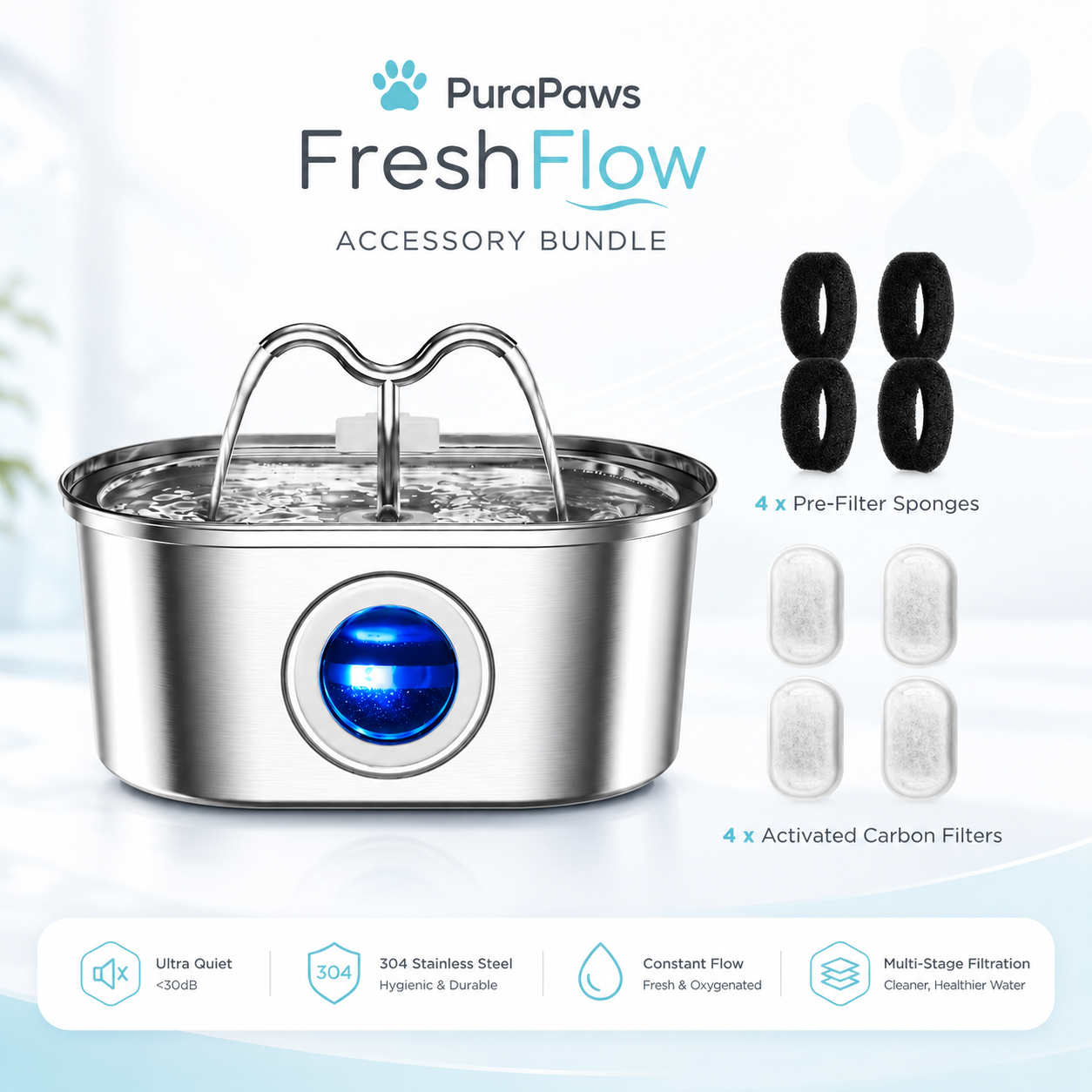 PuraPaws FreshFlow Duo™ 3.2L Stainless Steel Pet Water Fountain