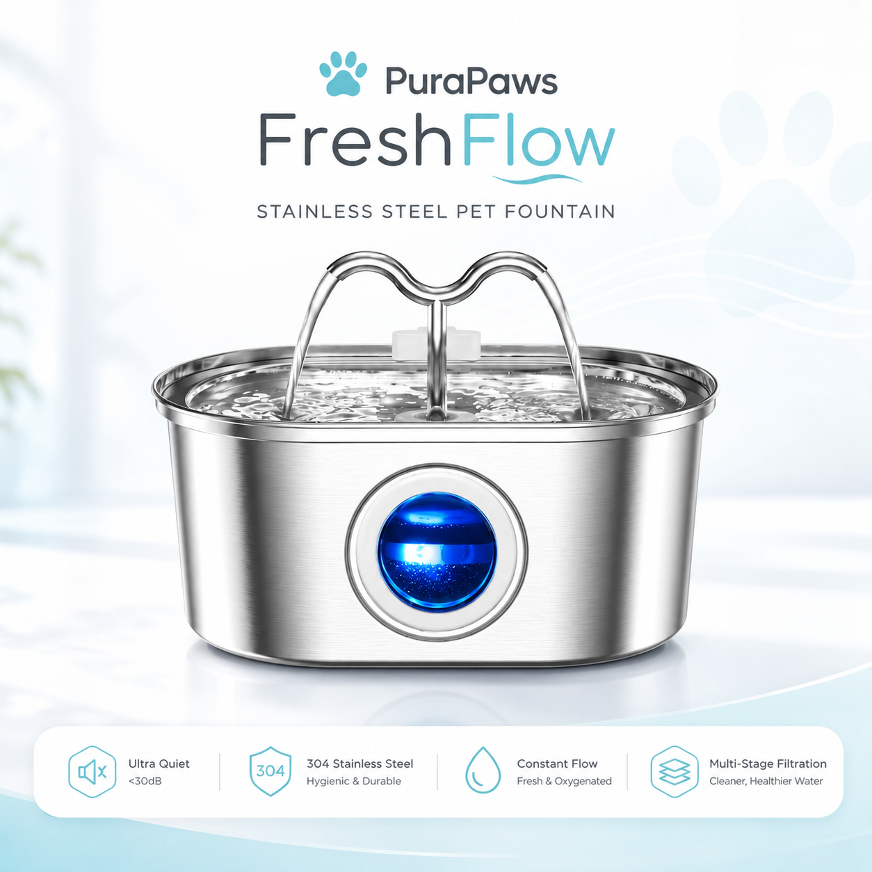 PuraPaws FreshFlow Duo™ 3.2L Stainless Steel Pet Water Fountain