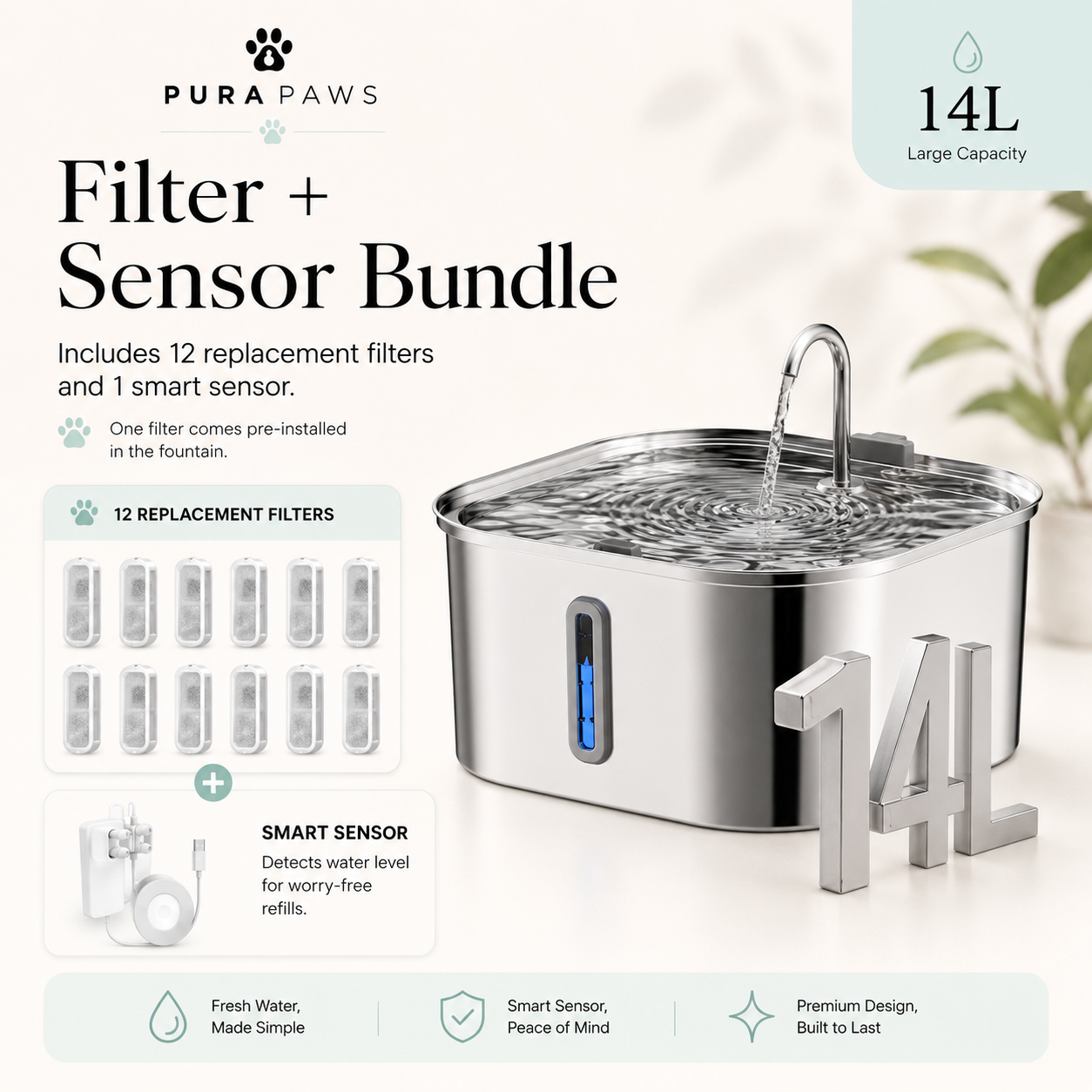 PuraPaws FreshFlow Max™ 14L Stainless Steel Dog & Cat Water Fountain