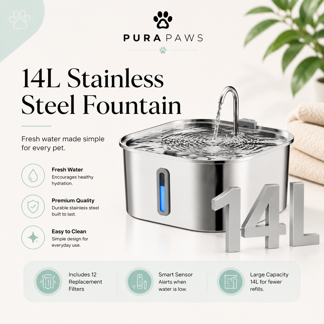 PuraPaws FreshFlow Max™ 14L Stainless Steel Dog & Cat Water Fountain