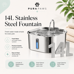 PuraPaws FreshFlow Max™ 14L Stainless Steel Dog & Cat Water Fountain