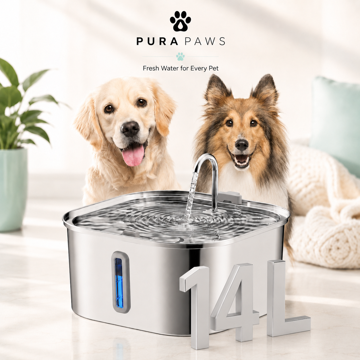 PuraPaws FreshFlow Max™ 14L Stainless Steel Dog & Cat Water Fountain