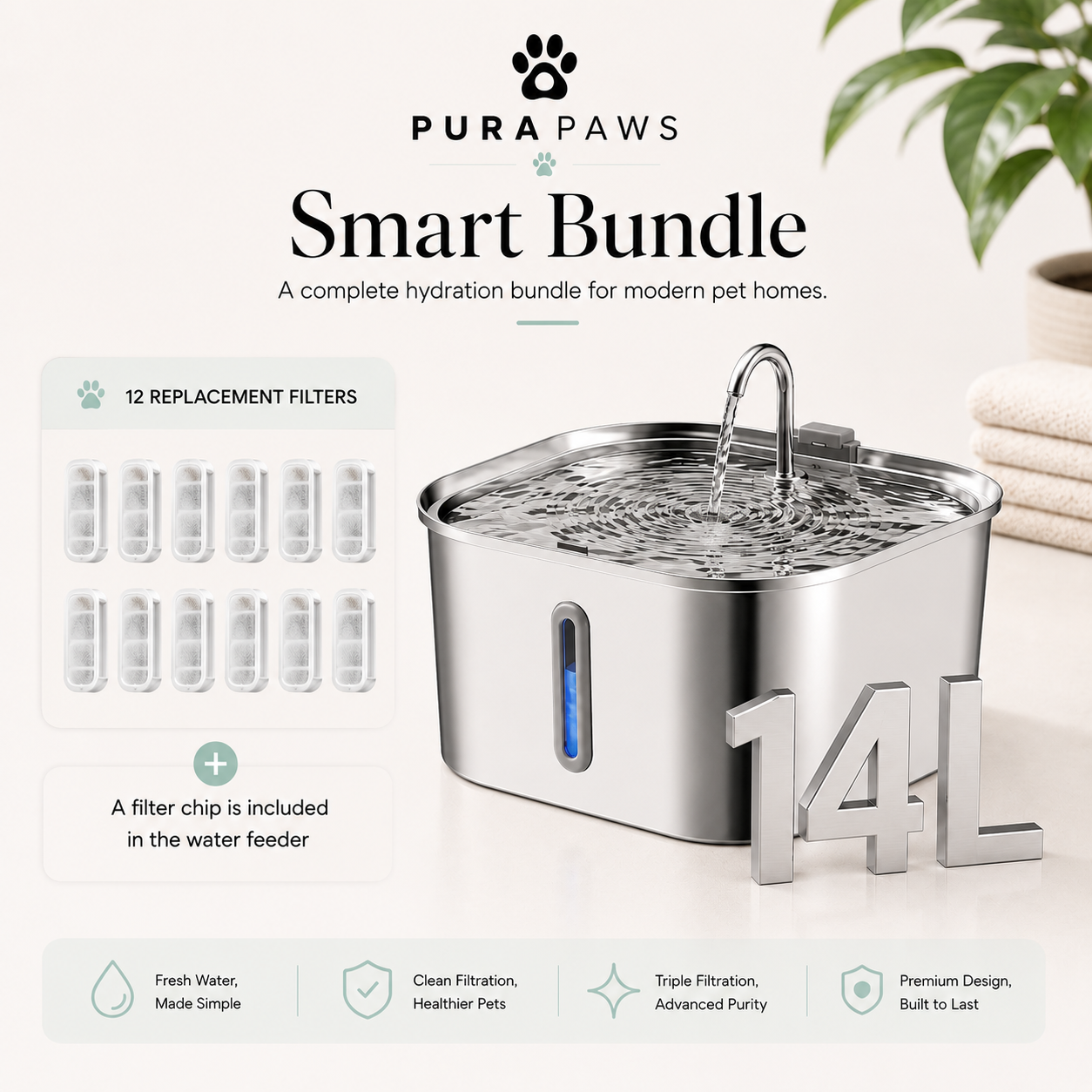 PuraPaws FreshFlow Max™ 14L Stainless Steel Dog & Cat Water Fountain
