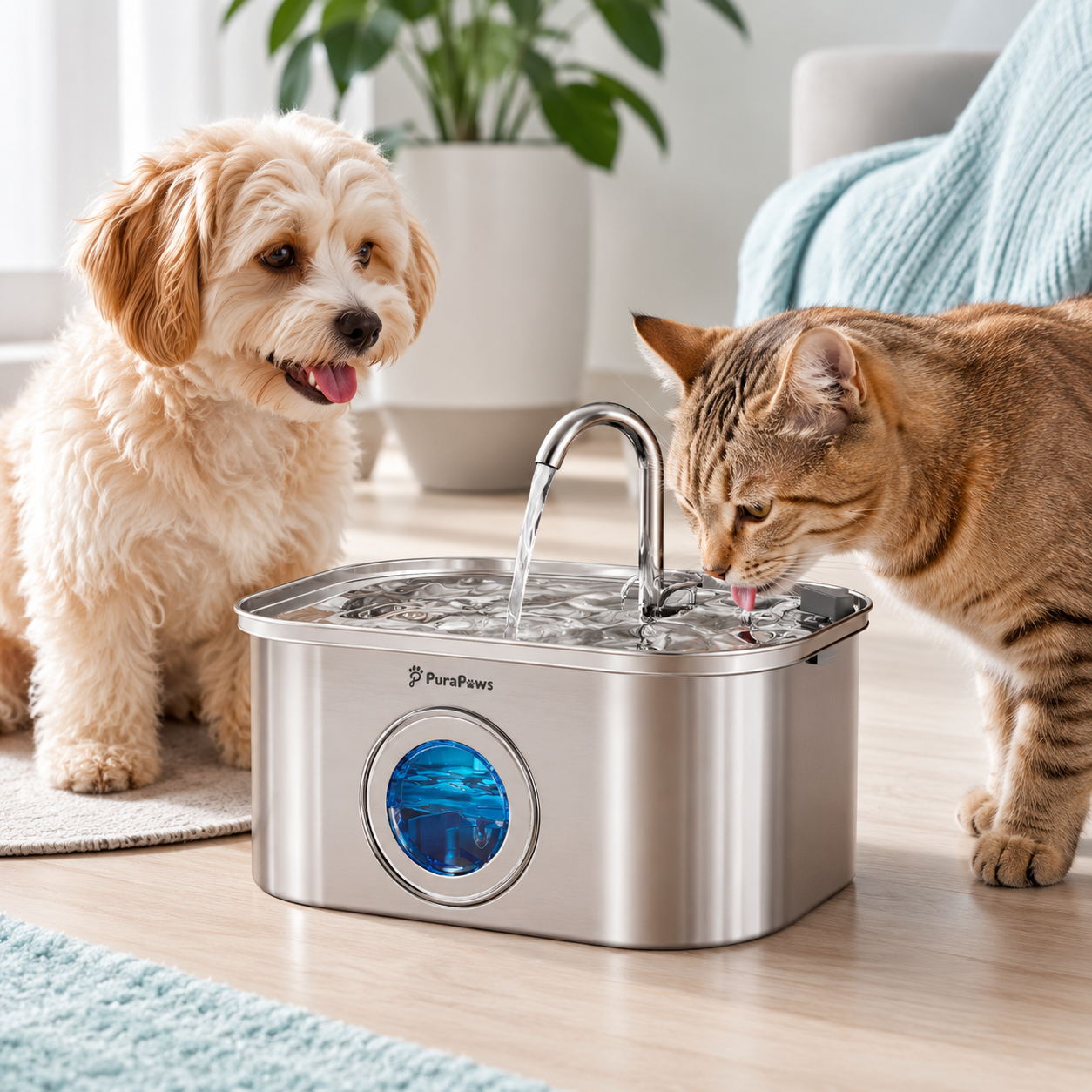 PuraPaws FreshFlow™ Stainless Steel Pet Water Fountain