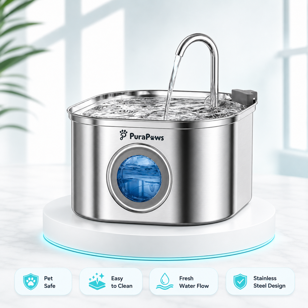 PuraPaws FreshFlow™ Stainless Steel Pet Water Fountain