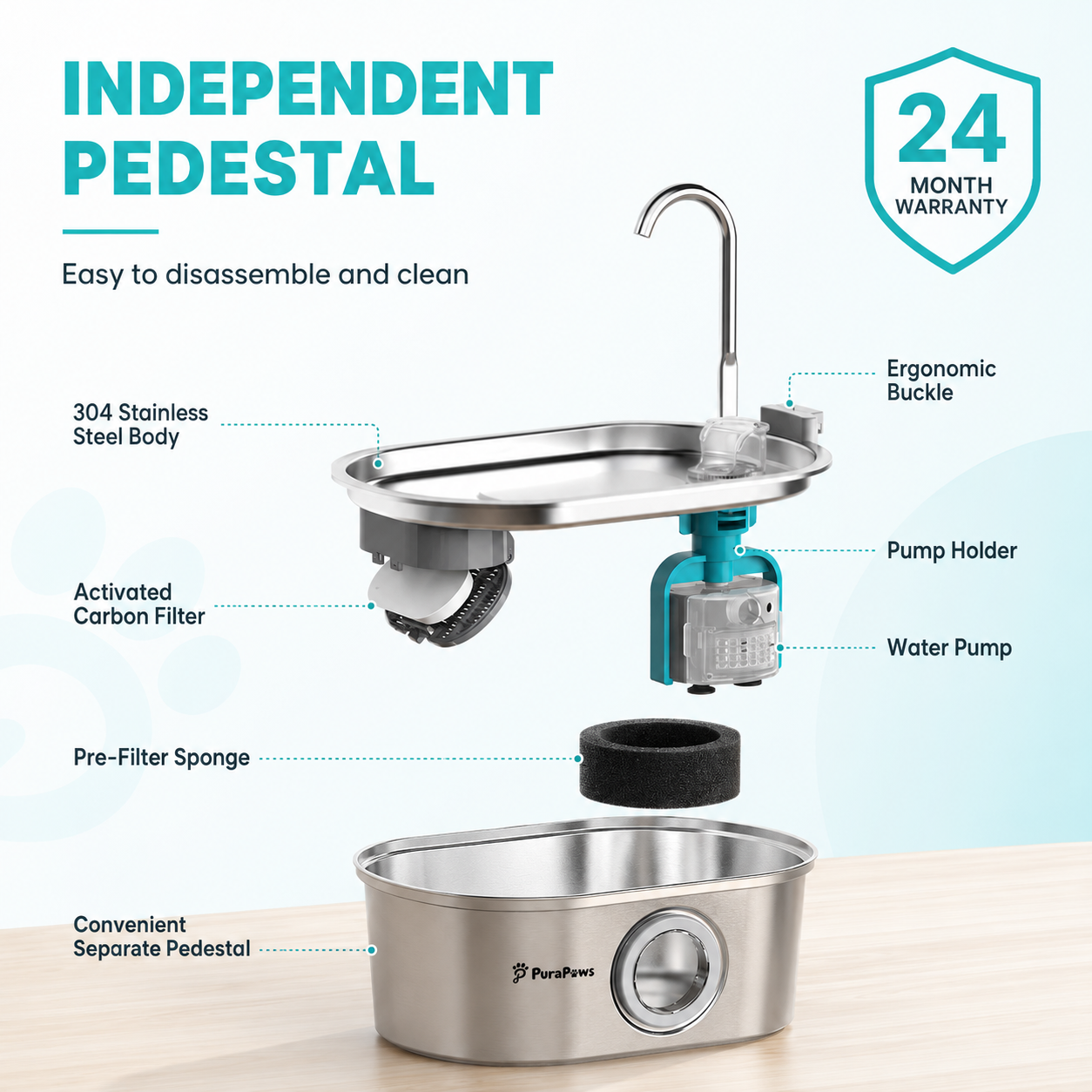 PuraPaws FreshFlow™ Stainless Steel Pet Water Fountain