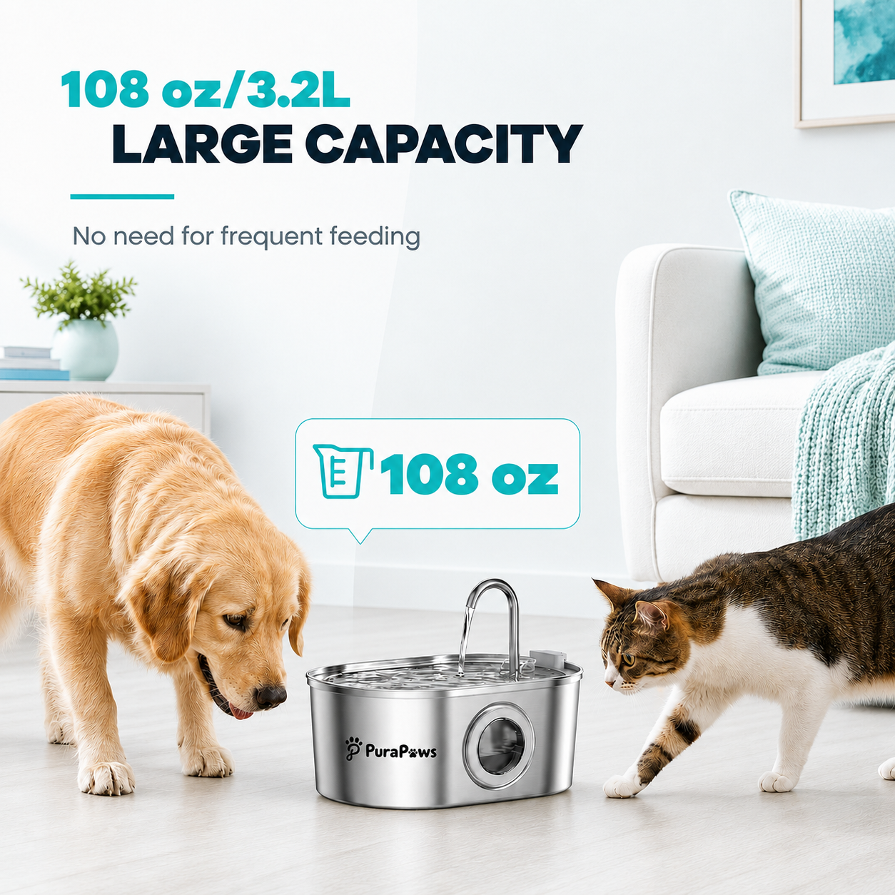 PuraPaws FreshFlow™ Stainless Steel Pet Water Fountain