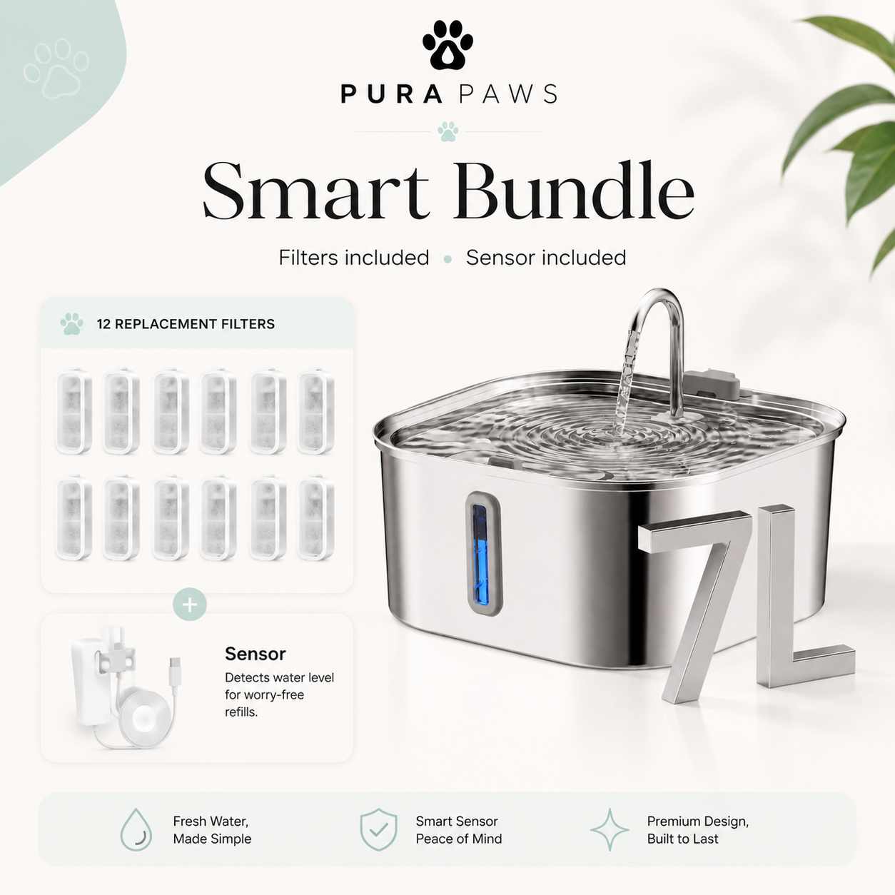 PuraPaws FreshFlow Plus™ 7L Stainless Steel Cat Water Fountain