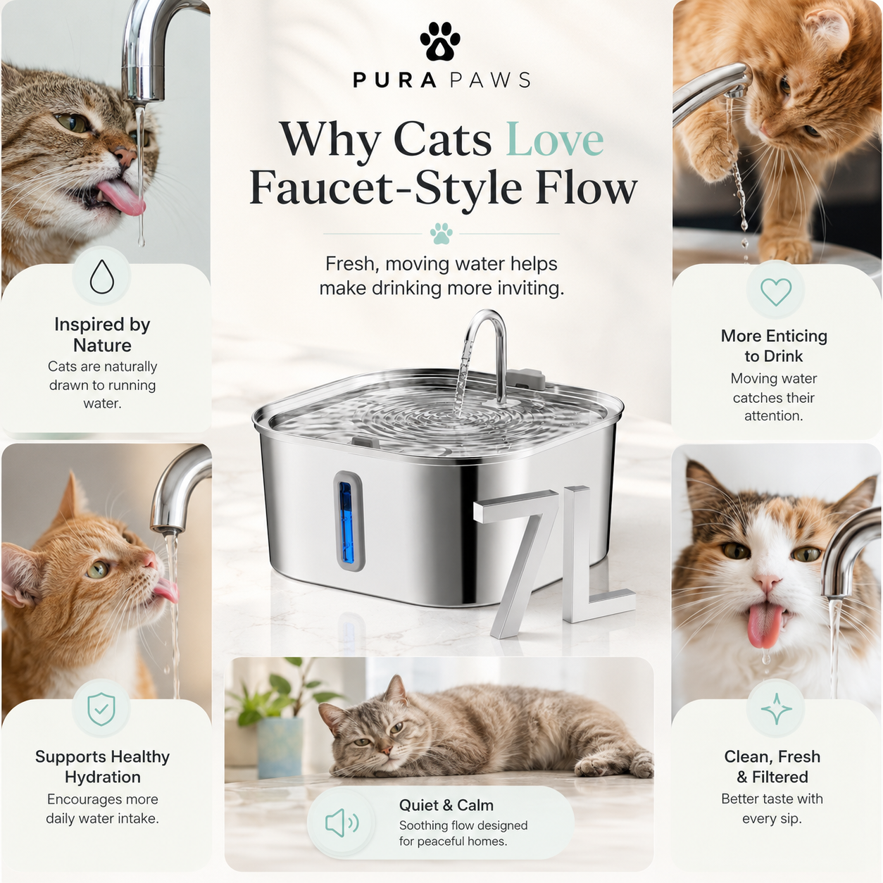 PuraPaws FreshFlow Plus™ 7L Stainless Steel Cat Water Fountain