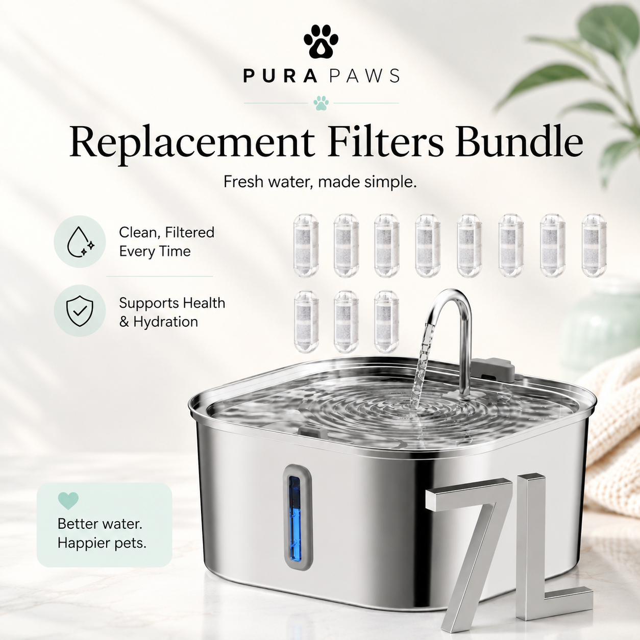 PuraPaws FreshFlow Plus™ 7L Stainless Steel Cat Water Fountain