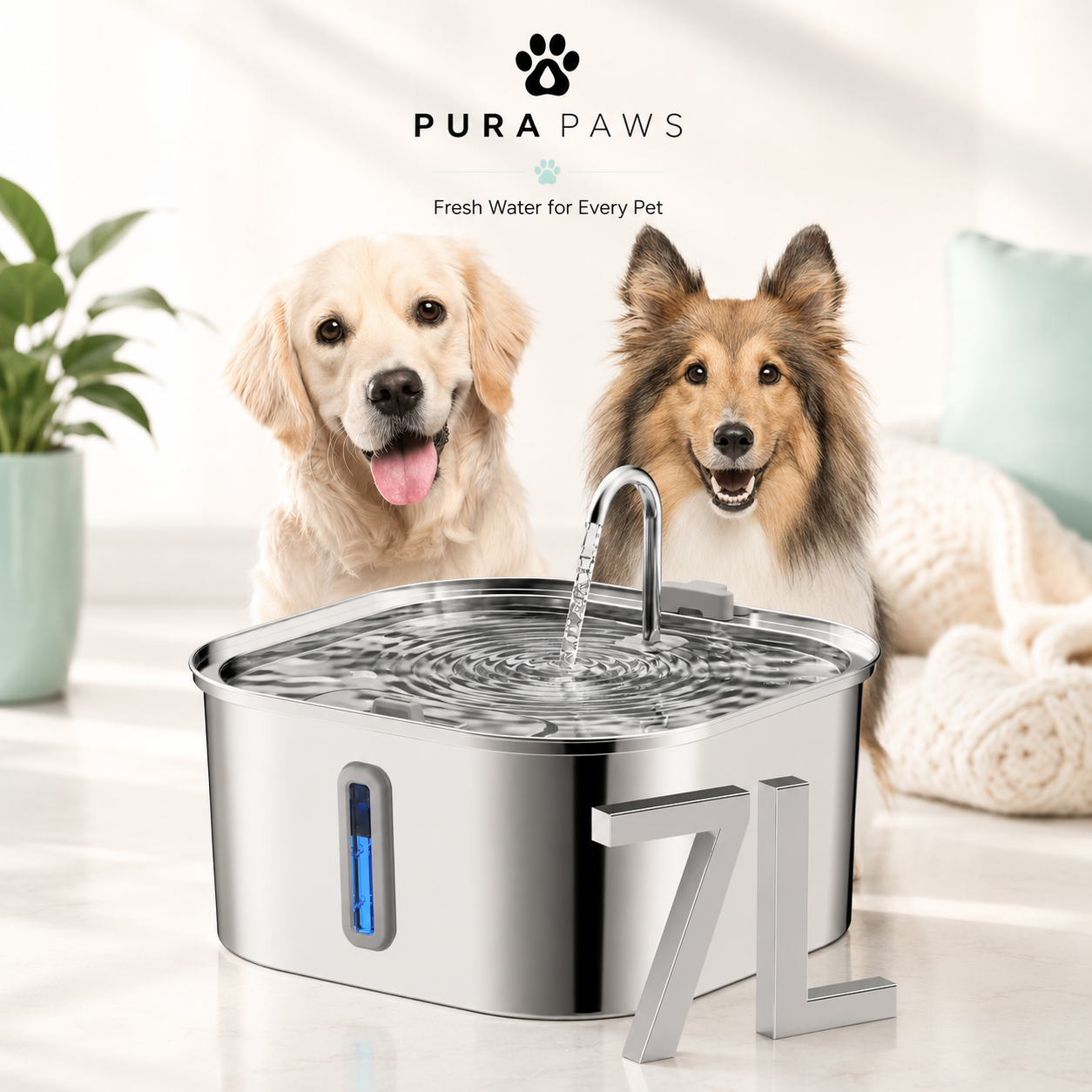 PuraPaws FreshFlow Plus™ 7L Stainless Steel Cat Water Fountain